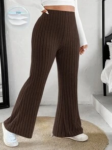 SHEIN EZwear 大尺碼女款素色開衩羅紋喇叭褲 秋季 - 巧克力棕 - 查看 1