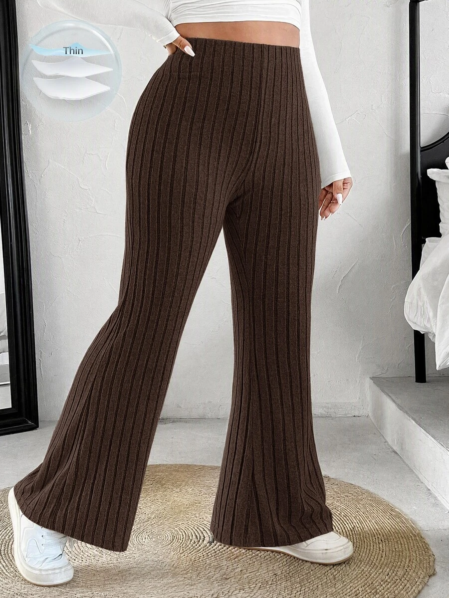 SHEIN EZwear 大尺碼女款素色開衩羅紋喇叭褲 秋季 - 巧克力棕 - 查看 1