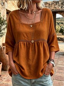 EMERY ROSE Plus Size Lady's Round-Neck Casual Resort Autumn Shirt - Orange - View 6