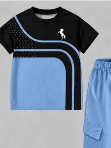 男孩 T-Shirt 套裝，胸前小馬圖案，拼色圓領短袖上衣，搭配純色工裝長褲，適合夏季室內外場合 - 黑色 - 查看 5