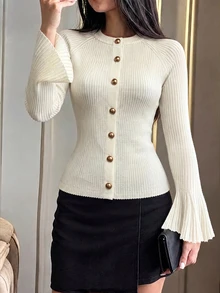 Modelyn Women's Flared Sleeve Button-Up Fitted Long Sleeve White Cardigan, Autumn/Winter - White - View 4