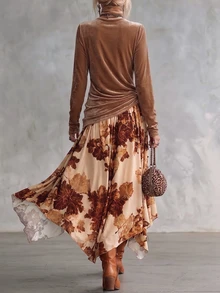 Trelyra Women's Autumn/Winter Velvet Long-Sleeve Turtleneck Top Paired With An Asymmetrical-Pattern Skirtsuitable For Both Halloween And Everyday Wear. - Multicolor - View 2