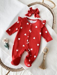 SHEIN Bộ 2 món jumpsuit dài tay có chân cho trẻ sơ sinh kèm băng đô, vải dệt kim, phong cách dễ thương, mặc quanh năm, họa tiết in kỹ thuật số hoa đáng yêu - Đỏ - Xem 1
