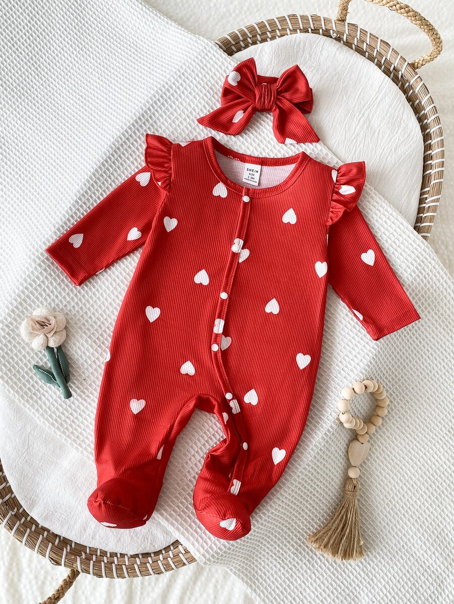 SHEIN Bộ 2 món jumpsuit dài tay có chân cho trẻ sơ sinh kèm băng đô, vải dệt kim, phong cách dễ thương, mặc quanh năm, họa tiết in kỹ thuật số hoa đáng yêu - Đỏ - Xem 1