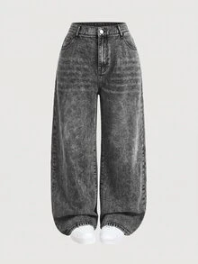 SHEIN PETITE CURVE 大尺碼休閒水洗彈性鈕扣直筒牛仔褲 - 淺灰色 - 查看 3