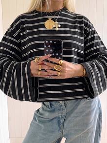 SHEIN EZwear 海外大尺碼黑色條紋印花圓領長袖T恤上衣，適合日常通勤、聚會、秋冬夏季、聖誕節、新年、感恩節、派對、婚禮、海灘、畢業典禮、優雅、外出、約會、通勤、情人節、度假、Y2K - 彩色 - 查看 1