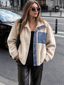 Easura Women's Plus Size Autumn/Winter Single Piece Denim Contrast Color Zipper Pocket Lamb Fleece Jacket, Loose Short Street Style Versatile Plush Jacket - Apricot - View 5