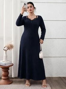 Feyla Plus Size Women's Contrast Lace Long Sleeve Elegant Dress - Navy Blue - View 4