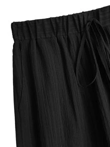 Breezaya Plus Size Women Solid Color Waist Tie Pockets Wide Leg Pants Fall Cloth For Women - Black - View 3