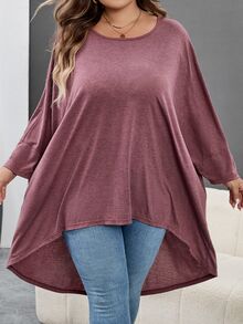 SHEIN CURVE+ 大尺碼女款寬鬆蝙蝠袖不對稱下擺圓領純色彈性舒適休閒夏季上衣，適合秋冬 - 酒紅色 - 查看 3