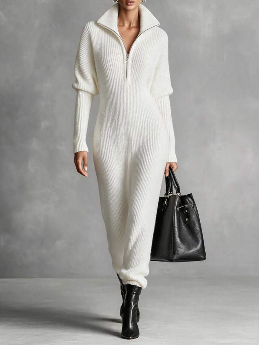 SHEIN فستان ميدي ضيق من الصوف المضلع الرياضي للنساء، بياقة نصف سحاب، أكمام طويلة بتصميم جناح الخفاش، وفتحة جانبية، مناسب للربيع والخريف - أبيض - مشاهدة 1