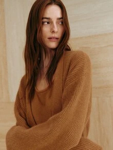 MOTF PREMIUM WOMEN'S LOOSE WOOL SWEATER CARDIGAN WITH TIE CLOSURE, CASUAL AUTUMN/WINTER OUTERWEAR - Camel - View 6