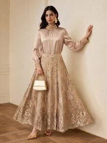ZEYLAH Women's Solid Color Pleated Long Sleeve Top And Floral Embroidered Pattern Skirt Fashion 2 Pieces Set - Champagne - View 3