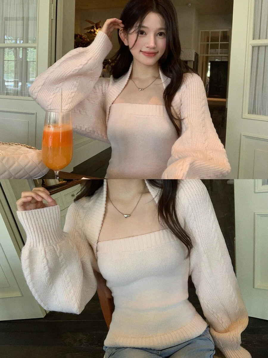 DAZY 女款素色長袖秋冬毛衣兩件套 - 粉色 - 查看 1