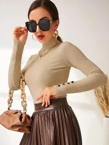 NOVVYNE 女款極簡高領長袖保暖時尚毛衣 - 卡其色 - 查看 4