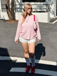 SHEIN EZwear 大尺碼女款純色圓領寬鬆長袖休閒T恤，春夏秋季 - 粉色 - 查看 4