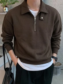 DAZY 男士純色 Polo 領可調節鈕扣設計套頭運動衫，秋冬季四分之一拉鍊男款 - 棕色 - 查看 1