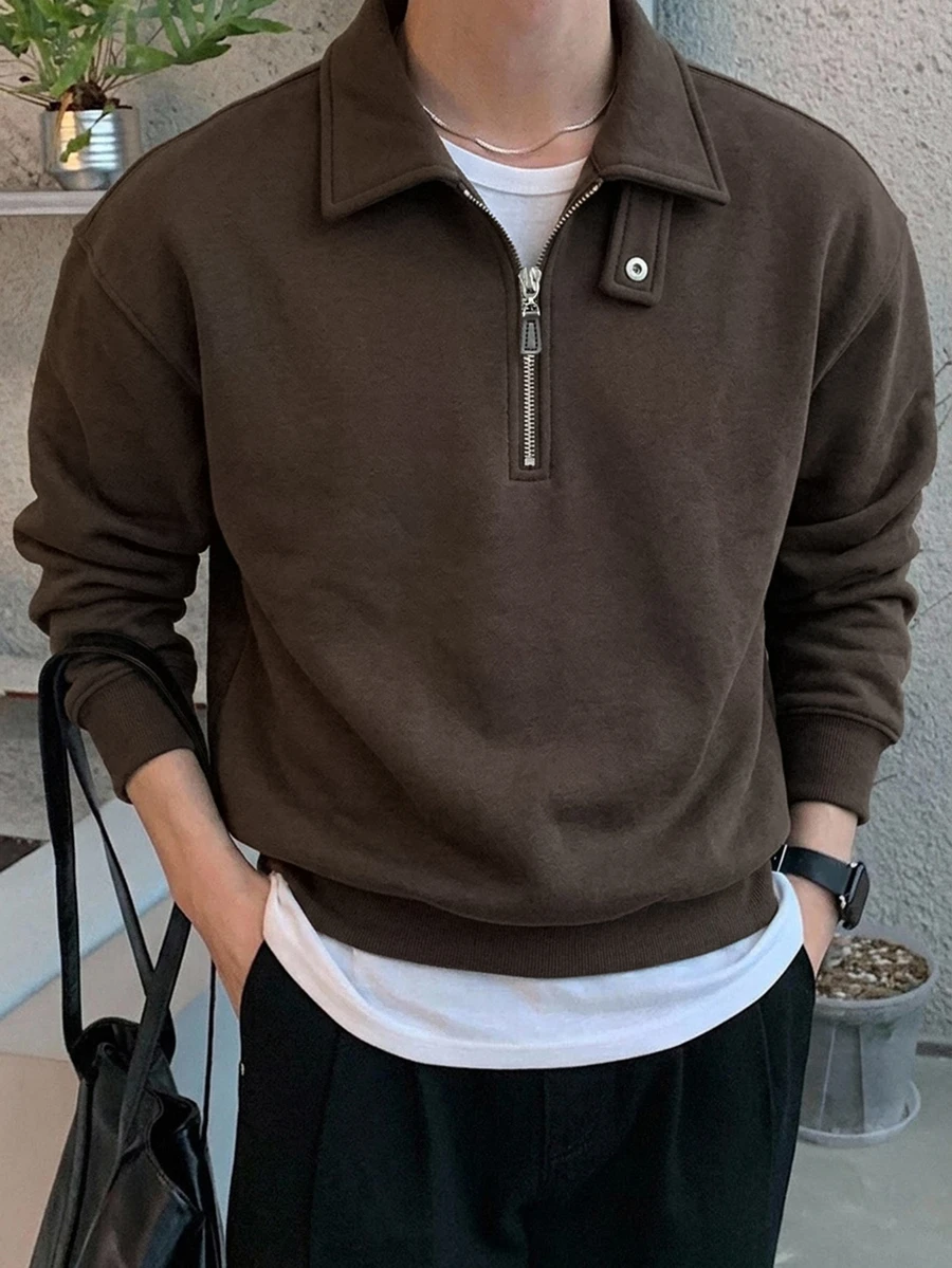 DAZY 男士純色 Polo 領可調節鈕扣設計套頭運動衫,秋冬季四分之一拉鍊男款 - 棕色 - 查看 1