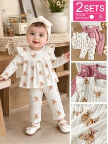 SHEIN Vintaside Kids 4件/2套女嬰可愛卡通泰迪熊與櫻桃印花羅紋針織兩件套，荷葉邊長袖上衣+長褲，適合日常穿著，秋冬款 - 彩色 - 查看 1