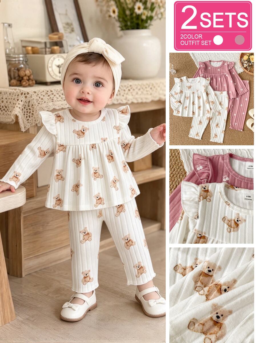 SHEIN Vintaside Kids 4件/2套女嬰可愛卡通泰迪熊與櫻桃印花羅紋針織兩件套，荷葉邊長袖上衣+長褲，適合日常穿著，秋冬款 - 彩色 - 查看 1