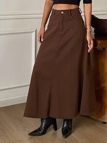 DAZY Women's Fashion Button Pocket Denim Skirt - Brown - View 7