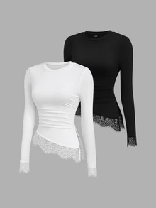 Sweetra Y2K Casual Versatile Contrast Lace Asymmetrical Hem Commuter Preppy Style T-Shirt - Multicolor - View 1
