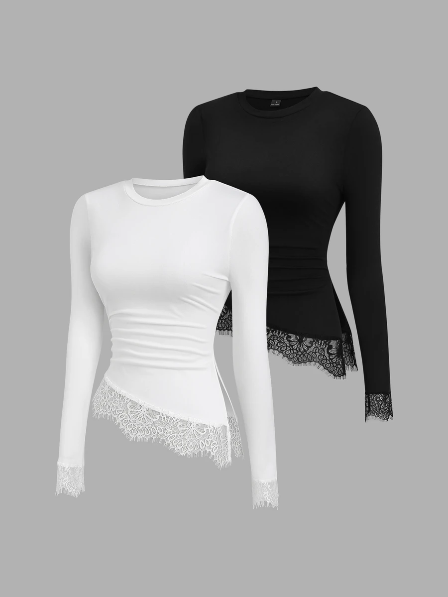 Sweetra Y2K Casual Versatile Contrast Lace Asymmetrical Hem Commuter Preppy Style T-Shirt - Multicolor - View 1