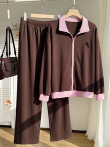 SHEIN EZwear 大尺碼拼色拉鍊長袖運動衫與寬鬆長褲兩件套，棕色休閒寬鬆性感，適合秋季旅行、派對與居家 - 鏽棕色 - 查看 6
