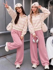 SHEIN Tween Girls Fall Winter Fleece Lined Striped Half Zip Sweatshirt And Solid Color Straight Leg Sweatpants Casual Cozy Knit Two Pieces Tracksuit 2pcs Set - Dusty Pink - View 6