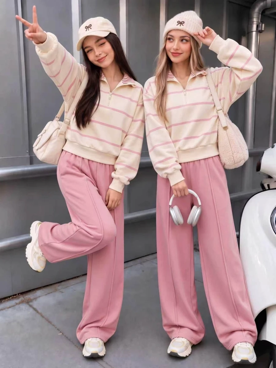 SHEIN Tween Girls Fall Winter Fleece Lined Striped Half Zip Sweatshirt And Solid Color Straight Leg Sweatpants Casual Cozy Knit Two Pieces Tracksuit 2pcs Set - Dusty Pink - View 1