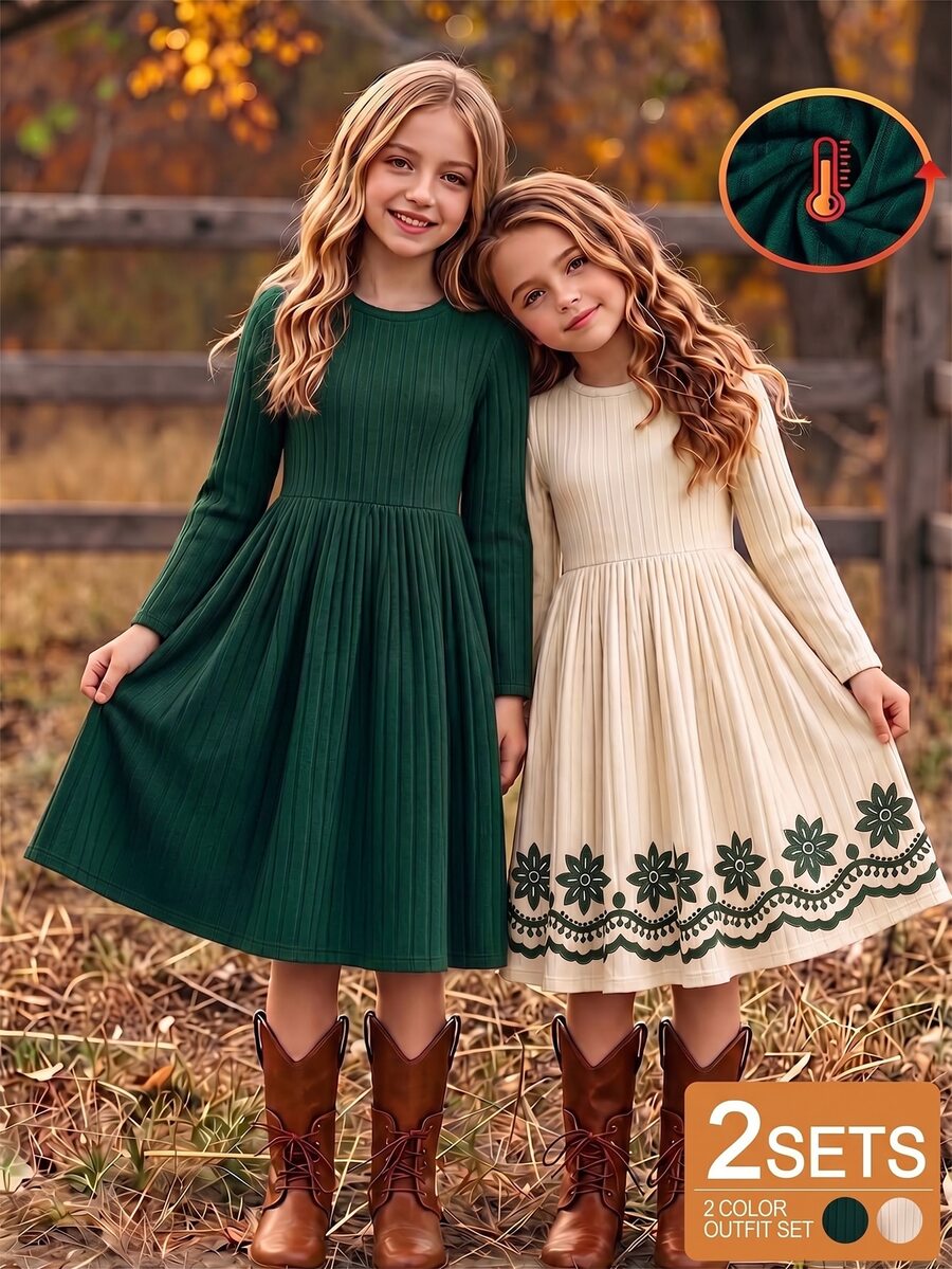 SHEIN Vintaside Kids Tween Girl 2pcs Solid Brown And Cream Flared Dress, Elegant Contrast Ribbed Top Embroidery Princess Dresses For Thanksgiving Fall Wear - Multicolor - View 1
