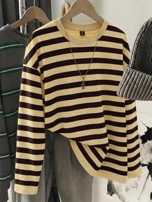 SHEIN EZwear Casual Minimalist Cream Yellow Striped Pattern Round Neck Long Sleeve Loose Fit T-Shirt Suitable For Spring And Autumn - Multicolor - View 1