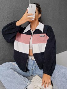 SHEIN EZwear 大尺碼拼色拉鍊外套，秋冬拼色女款外套，燈芯絨短版 Y2K 外套 - 黑與白 - 查看 5
