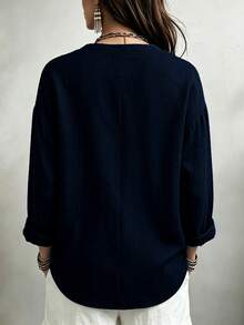 Linhara CURVE Plus Size Woven Casual Office-Style Autumn Shirt Fall - Navy Blue - View 2