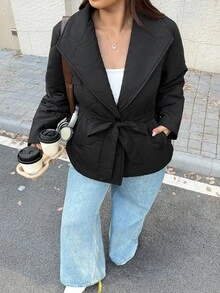 Easura Plus Size Women Solid Color Long Sleeve Waist Tie Casual Winter Jacket - Black - View 4