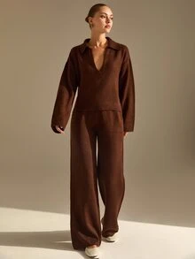 CLARA VERO Shirt Collar Knit Palazzo Set, Oversize Fit, Daily Or Home, Polo Neck, Pocket Pant, Wide Leg - Brown - View 5