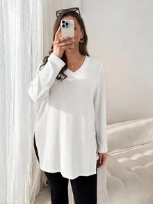 Shapeblank تي شيرت نسائي مقاس كبير متعدد الاستخدامات بأكمام طويلة وحافة مشقوقة، ملابس خروج، ستايل بسيط، توب دافئ للخريف والشتاء - أبيض - مشاهدة 5
