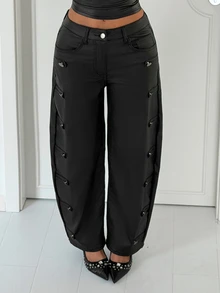 Jeanoix Women's Y2K Fashion Button Faux PU Coated Long Pants - Black - View 1