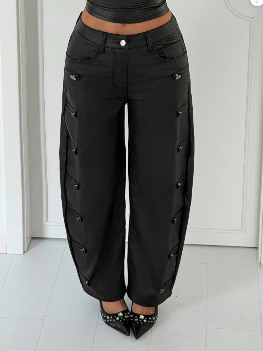 Jeanoix Women's Y2K Fashion Button Faux PU Coated Long Pants - Black - View 1