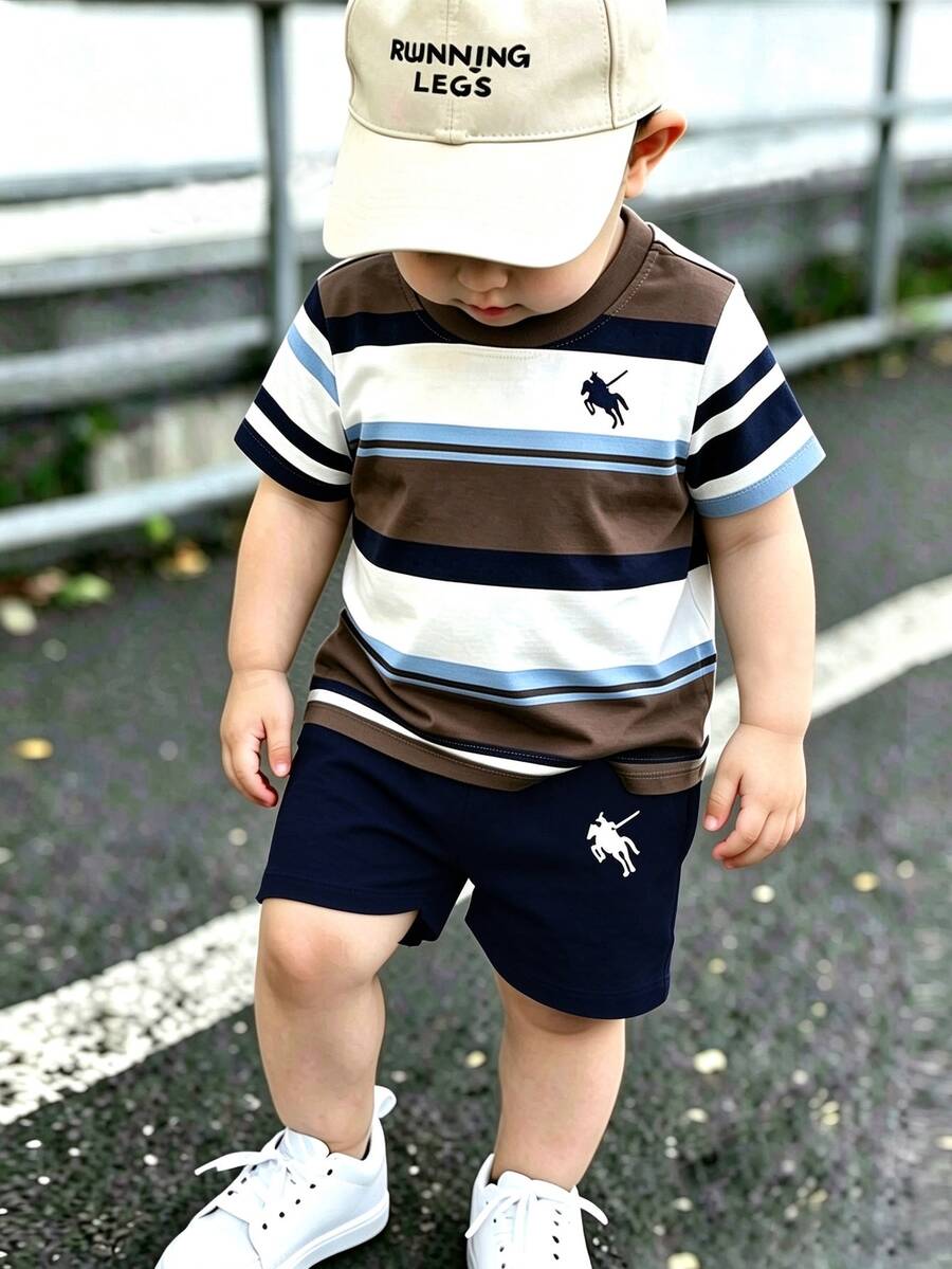 SHEIN 美式學院風男孩兩件套,經典馬標海軍藍白紅條紋圓領短袖T恤 - 彩色 - 查看 1
