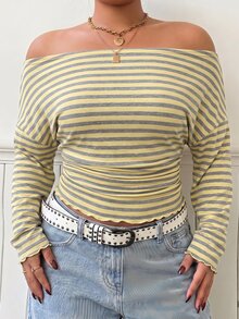 SHEIN EZwear Plus Size Women's Striped Off-Shoulder Casual Daily Long Sleeve T-Shirt Fall - Mustard Yellow - View 5