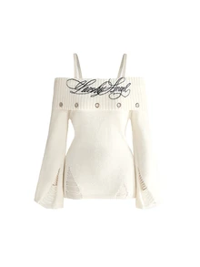 ROMWE Goth Women's Letter Print Cold Shoulder Casual Everyday Long Sleeve Sweater - White - View 1