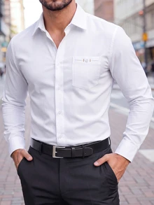 Manfinity Bizformal 男士極簡純色翻領長袖襯衫，口袋裝飾設計，白色商務休閒通勤百搭鈕扣襯衫 - 白色 - 查看 1