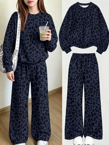 SHEIN 青少年女孩 1 套秋季豹紋衛衣與長褲套裝，舒適休閒秋季日常穿搭 - 寶藍色 - 查看 3