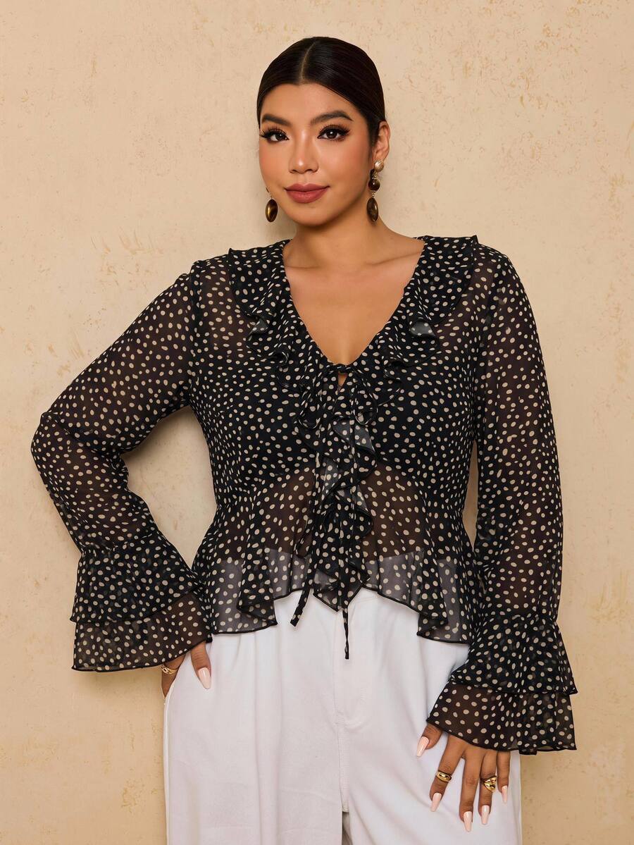 SHEIN VCAY Plus Size Women Polka Dot Ruffle Collar Front Tie Bell Sleeve Fashion Top