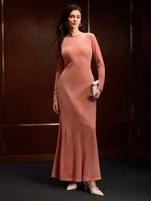 MOTF PREMIUM WOMEN'S SOLID COLOR CASUAL MINIMALIST PARTY LONG DRESS - Pink - View 5