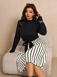 Elaquor Plus Size Women's Colorblock Casual Everyday Knit Dress - Black and White - View 1