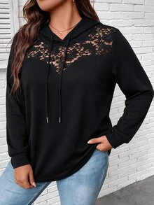 SHEIN LUNE CURVE بلوزة رياضية نسائية مقاس كبير للربيع/الخريف كاجوال بتصميم بسيط للتنقل اليومي متعددة الاستخدامات من قماش الدانتيل مع تصميم شبكي مرقع بغطاء رأس وحبل شد، بلون موحد - الأسود - مشاهدة 7