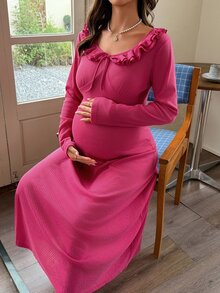 DAZY Đầm bầu ôm dáng dáng ô màu trơn phối viền ren, thanh lịch, mặc ở nhà và hằng ngày, xuân/thu - Màu Hồng Tươi - Xem 4