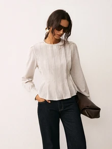 ATUI Studio Women's Striped Round Neck Long Sleeve Pleated Design Casual Shirt - Black and White - View 8